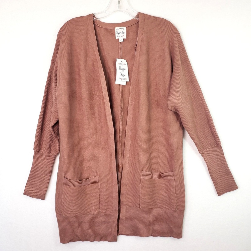 Hippy Rose Cozy Cardigan Sweater Womens‎ Medium Mocha Rose Knit Open Front